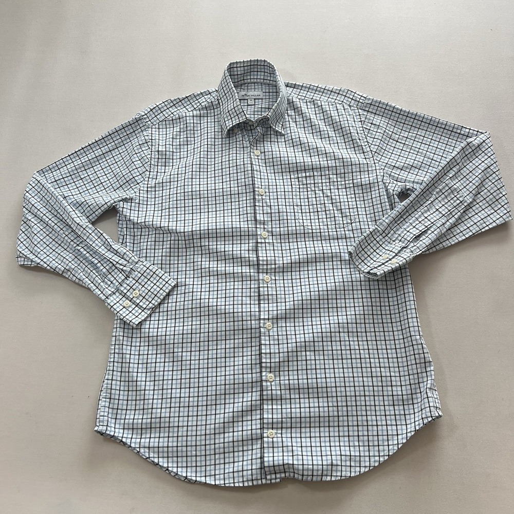 Peter Millar Dress Shirt Mens Sz M Button Down Plaid White Black Blue